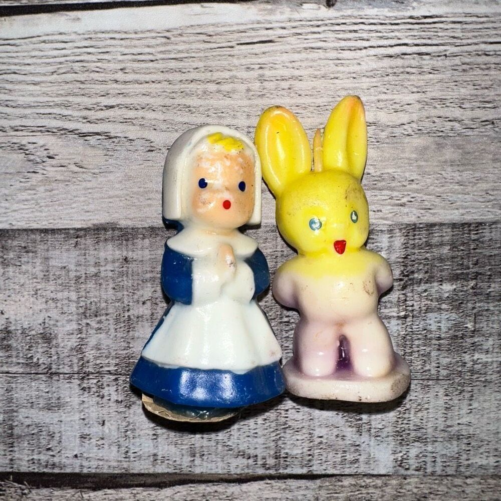 Vintage Gurley Candle Co. Novelty Easter Bunny Rabbit & Pilgrim Girl Candles
